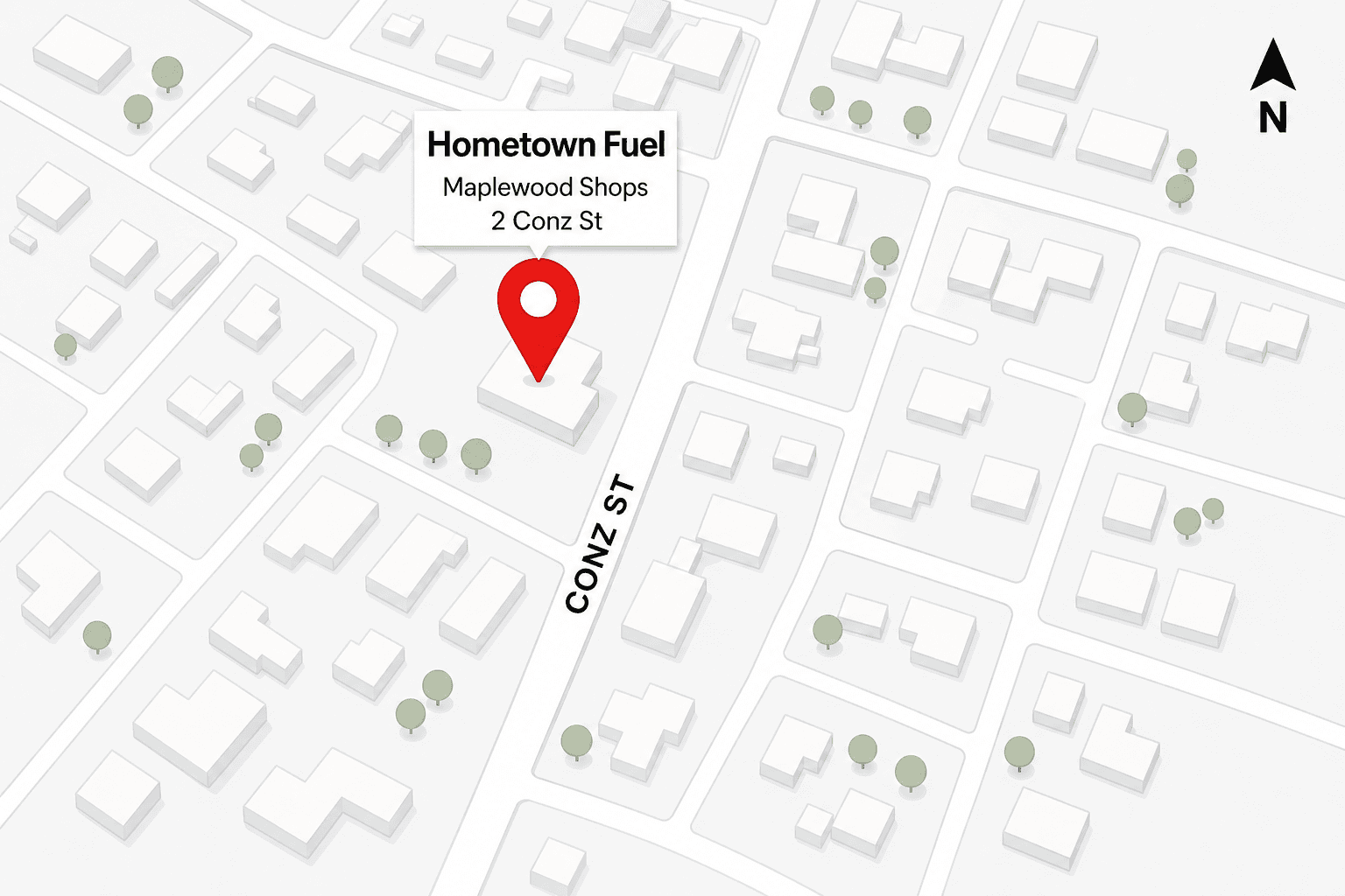 Illustrated map with a red pin for Hometown Fuel at Maplewood Shops, 2 Conz St