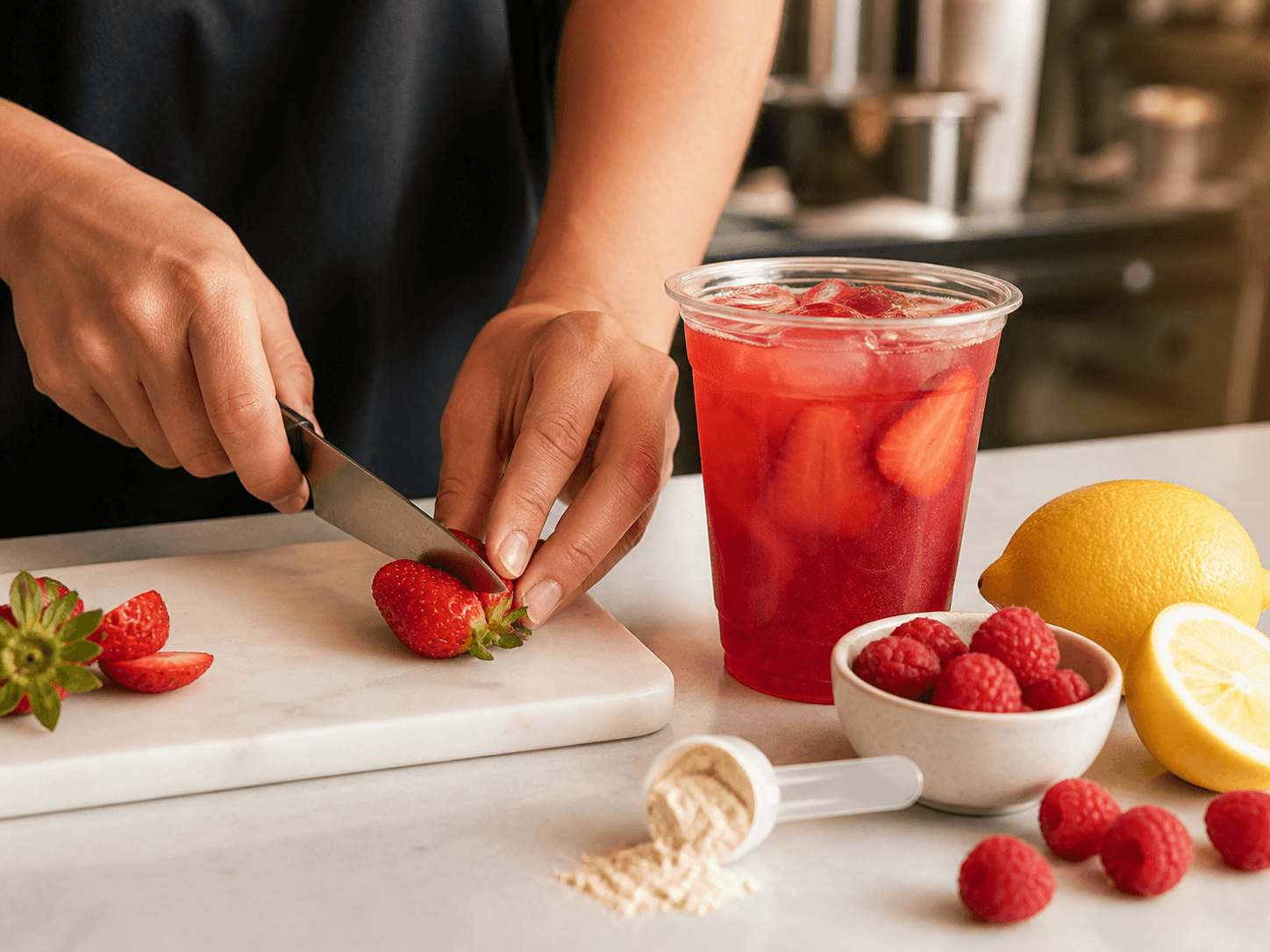 Fresh strawberries and raspberries being prepared beside a ruby-red iced drink
