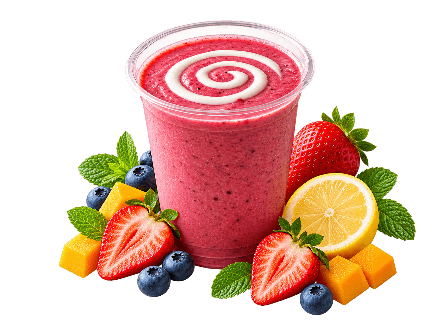 Berry smoothie surrounded by strawberries, blueberries, lemon, mint, and mango